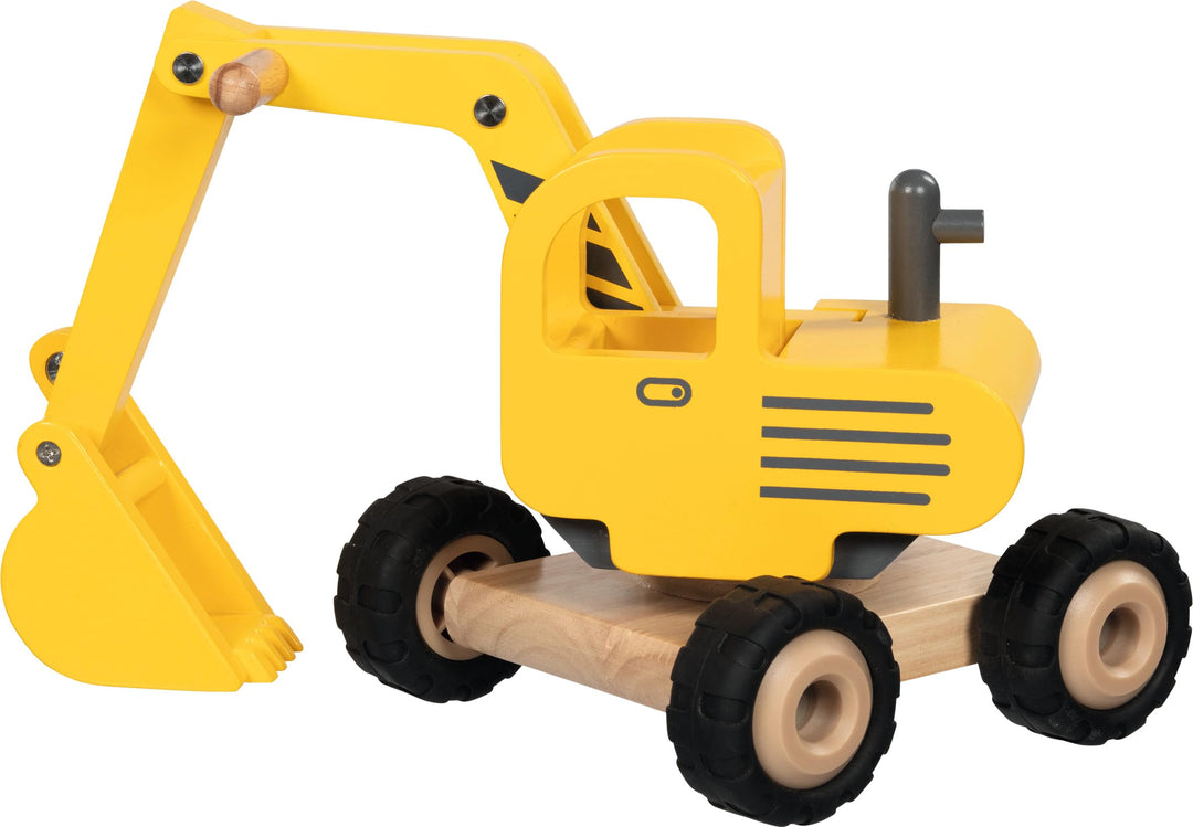 goki 55898 - Bagger aus Massivholz, Robustes Baufahrzeug mit beweglicher Schaufel und Gummireifen, g