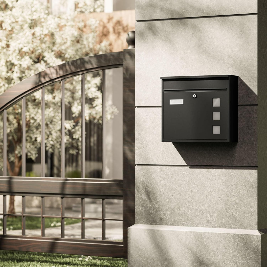 Wiltec Briefkasten V12 schwarz 360 x 115 x 315 mm, Wandbriefkasten mit Schloss, Sichtfenstern und Na