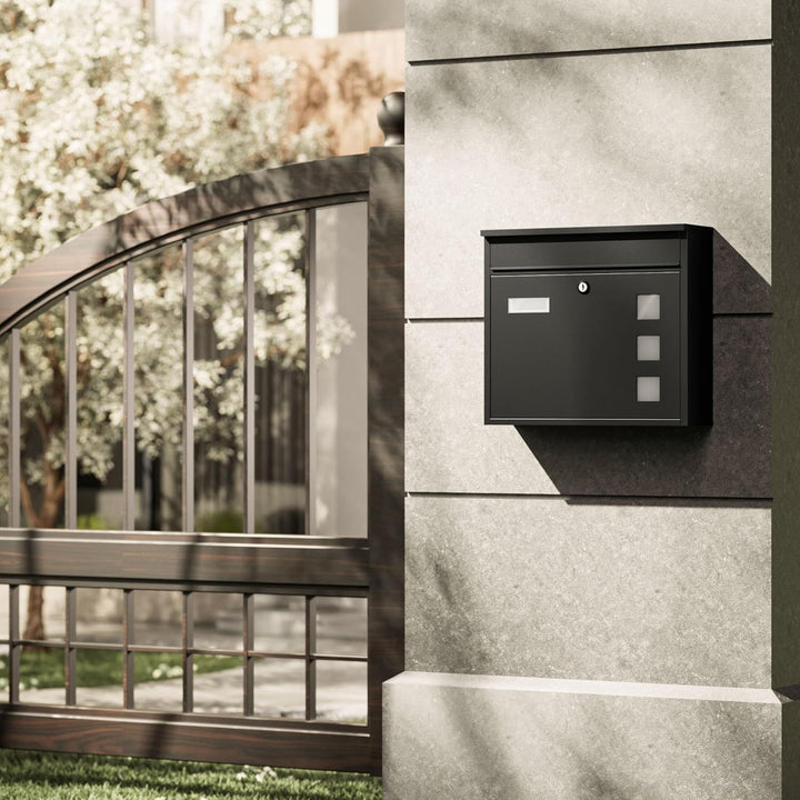 Wiltec Briefkasten V12 schwarz 360 x 115 x 315 mm, Wandbriefkasten mit Schloss, Sichtfenstern und Na