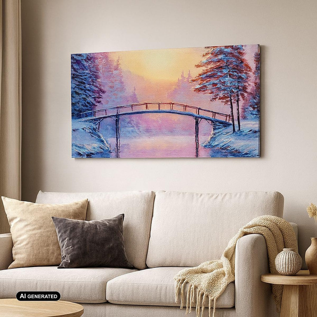 Wandbilder Dekoration Wohnzimmer Park Winter Brücke Panorama Bilder auf Leinwand 120x50cm Leinwandbi