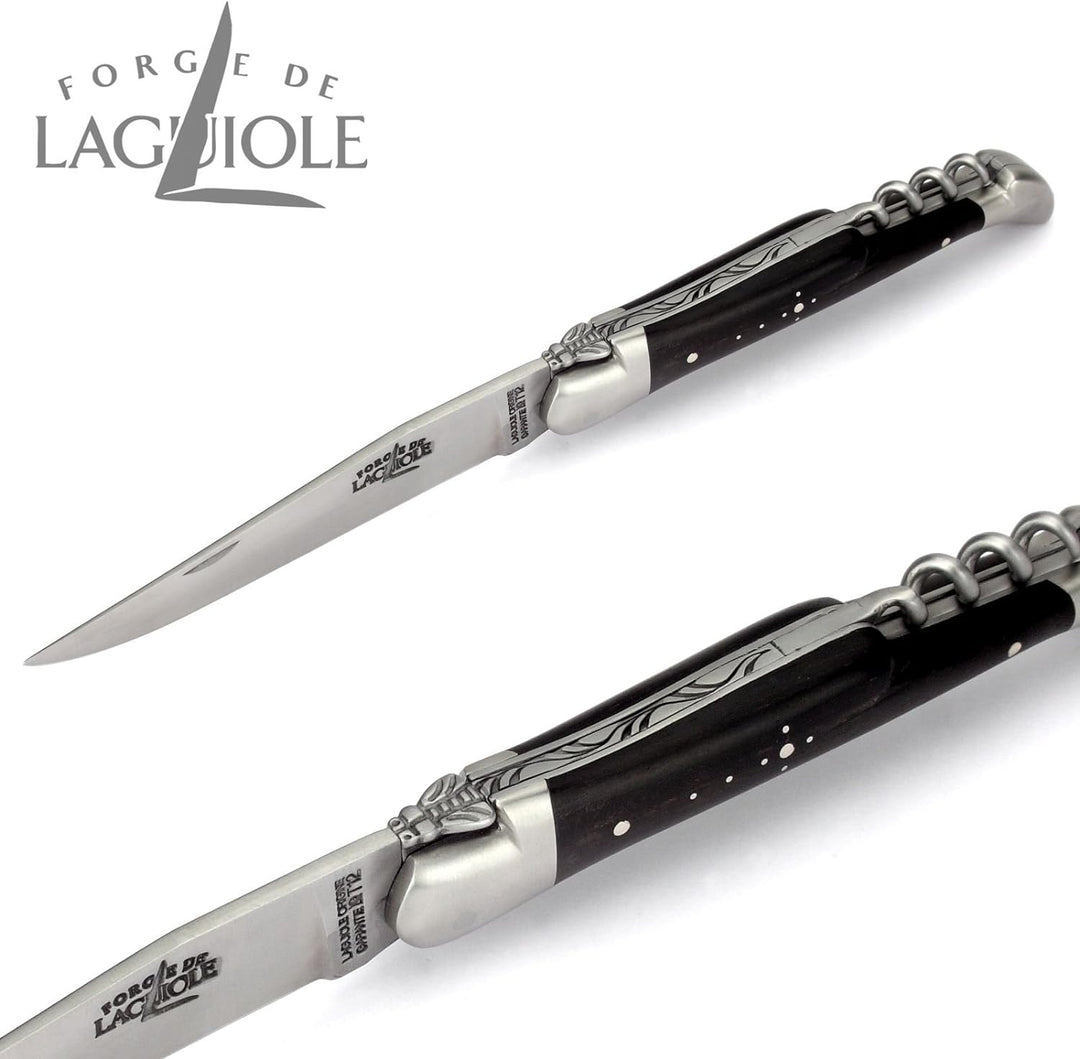Forge de Laguiole Taschenmesser - 12 cm - Griffschalen Ebenholz - Korkenzieher - Klinge 10 cm - Stah