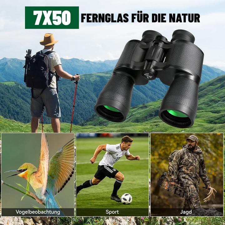 BOSTRON Kompaktes Fernglas 7x50 für Erwachsene, Stossfest HD Ferngläser mit PORRO-Prism,Profi Feldst