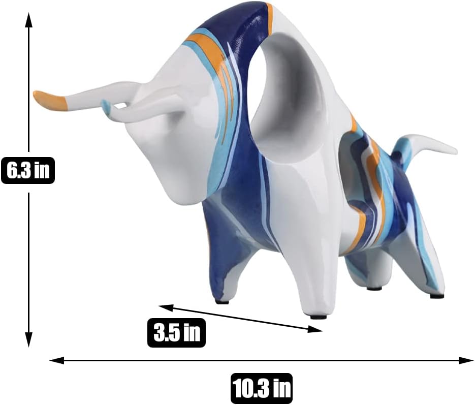 Kunstharz-blau-weisse Bullen-Statue, minimalistische farbige Stierfigur, Originalität, abstrakte Sti