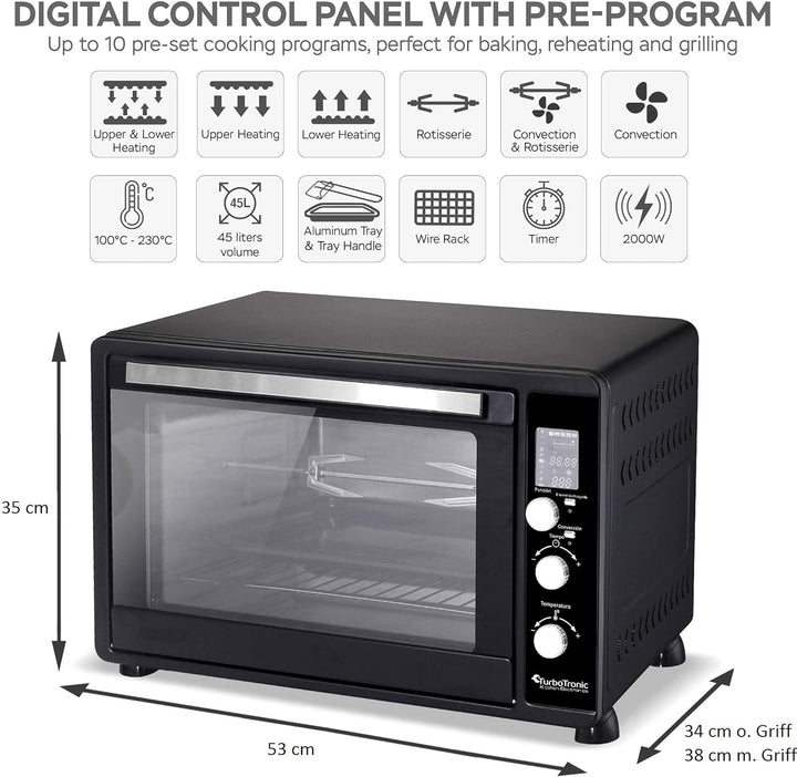 TurboTronic digitaler Minibackofen 45l schwarz 2000W, Drehspiess, 2 Backbleche, Timer, Dörrer, Dörrg