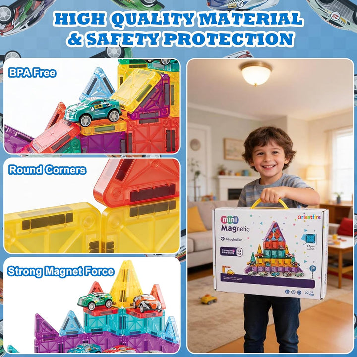 93 PCS Magnetic Tiles Mini Magnetic Building Tiles with Cars, Travel Magnetic Tiles with Storage Bag