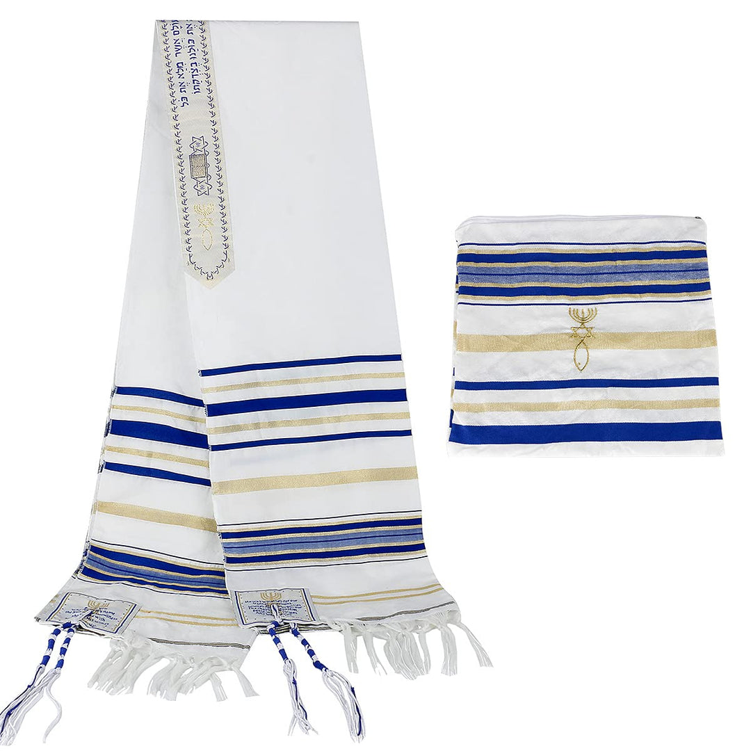 Tallit Gebetsschal, Englisch/Hebräisch mit passender Tasche, Blau, 180x130cm, Englisch/Hebräisch