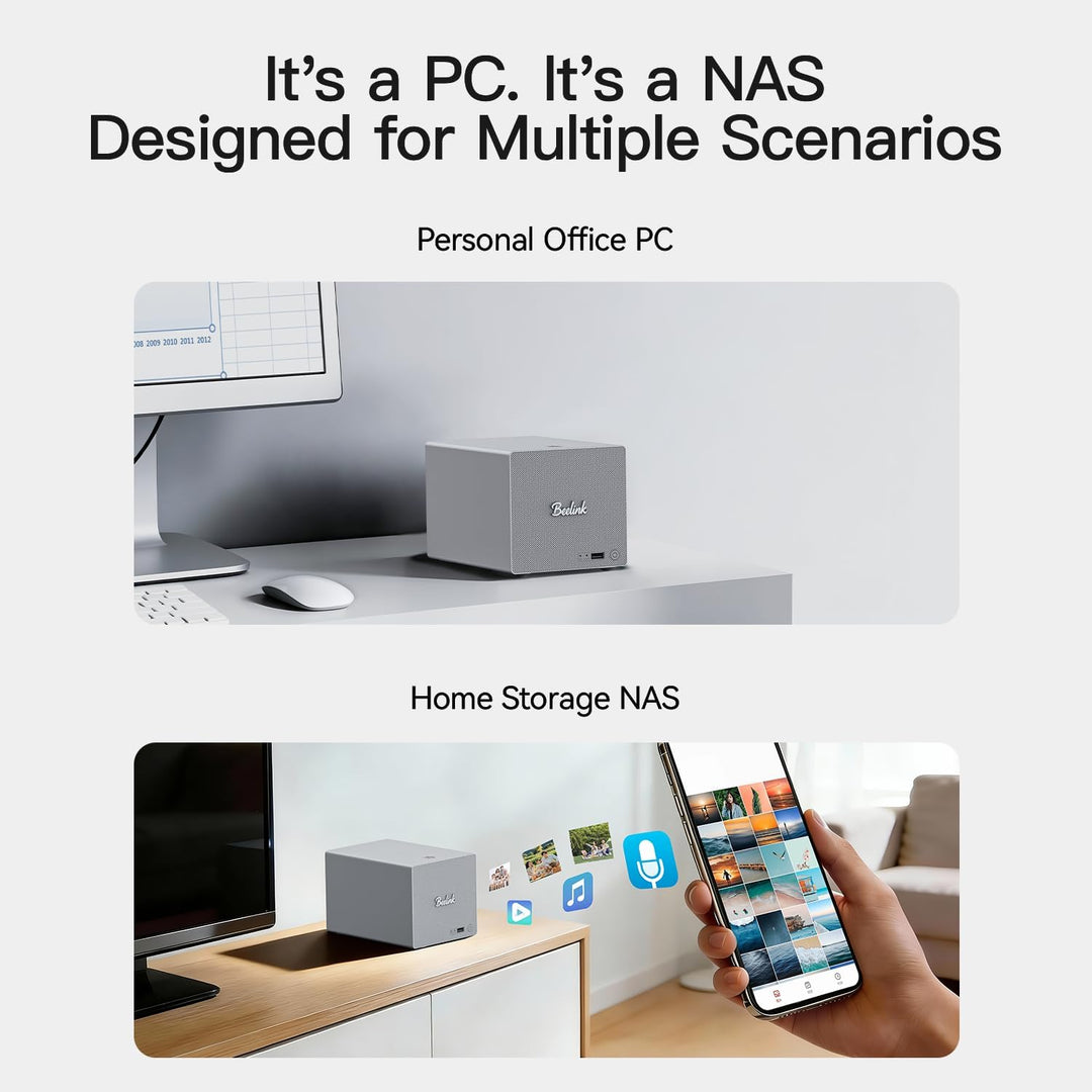 Beelink Mini-PC, ME Pro 2-Bay-NAS mit Intel N150, 16 GB LPDDR5, 1 TB SSD, 5G+2,5G Dual-LAN, WiFi 6/B