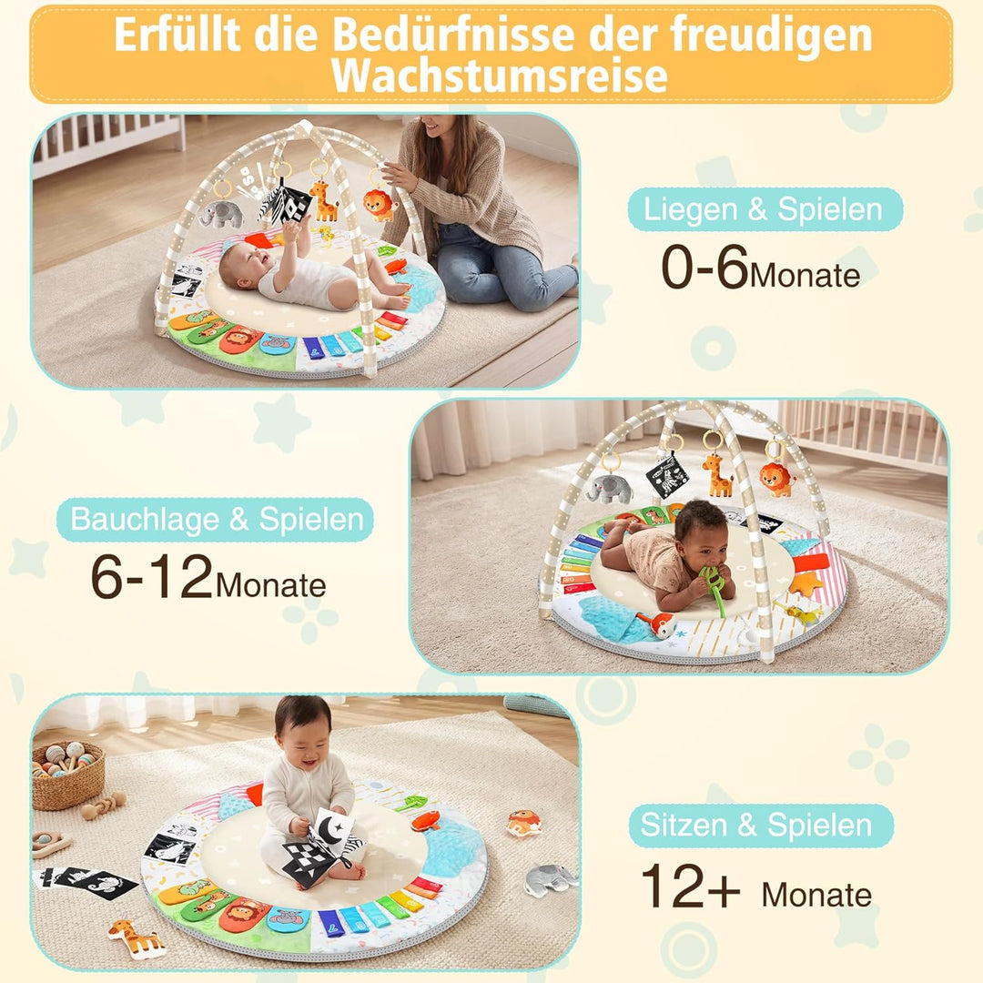 URMYWO Spielbogen Baby– Baby Krabbeldecke mit 5 abnehmbaren Spielzeugen zum Greifen - 6 Entwicklungs