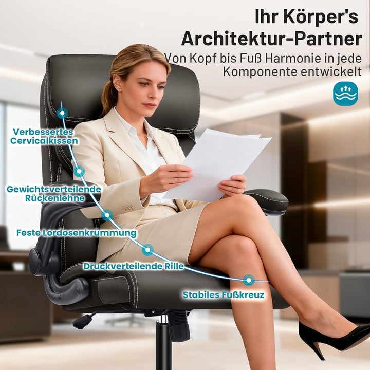 Chefsessel aus PU-Kunstleder, Bürostuhl Ergonomisch mit Verstellbaren Armlehnen und Hoher Rückenlehn