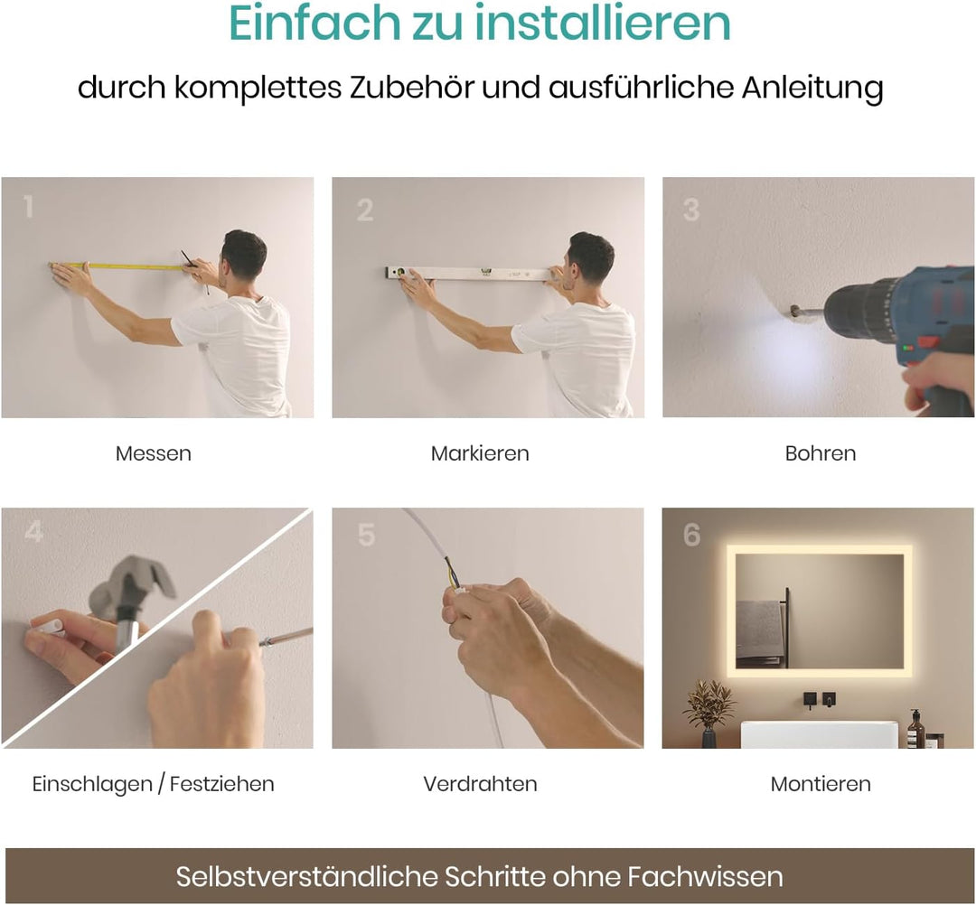 EMKE® Badspiegel mit Beleuchtung 70x50cm Badezimmerspiegel 3000K Warmweiss Wandschalter Vertikal/Hor