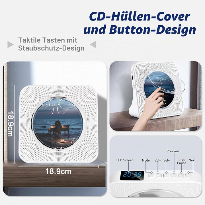 CD Player Tragbar, Bluetooth CD Player Klein Lautsprecher/USB-Lesegerät/FM Radio/Timer, LCD-Display,