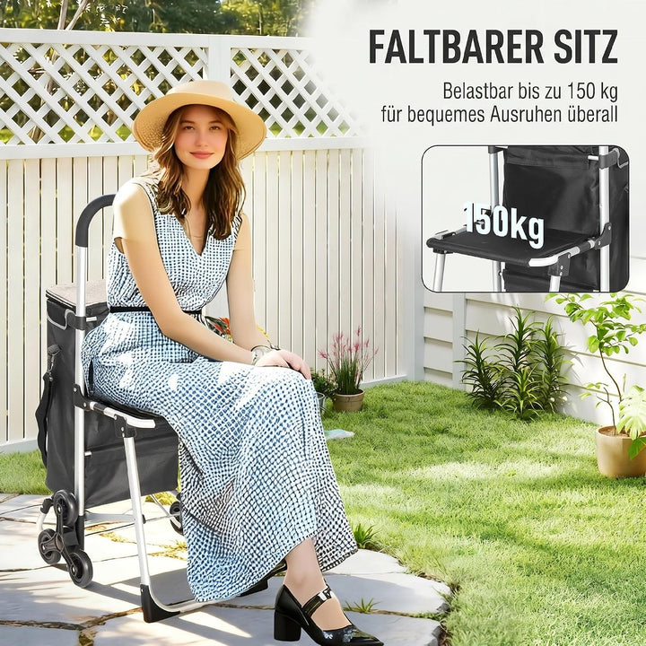 HOMCOM 3-in-1 Einkaufstrolley Klappbar mit Sitz 40L Kapazität Duneklgrau Dunkelgrau, Dunkelgrau