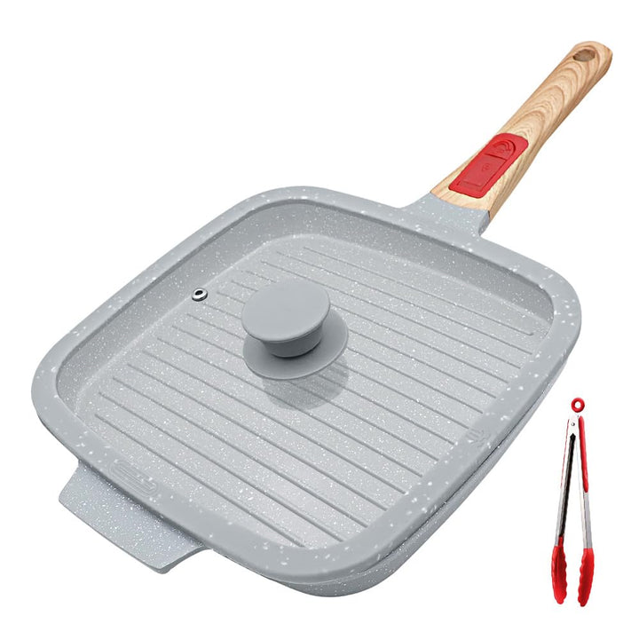 Grillpfanne mit Deckel 26 x 24 cm, Antihaft Keramikbeschichtung, Grill Pfanne mit Abnehmbarer Griff