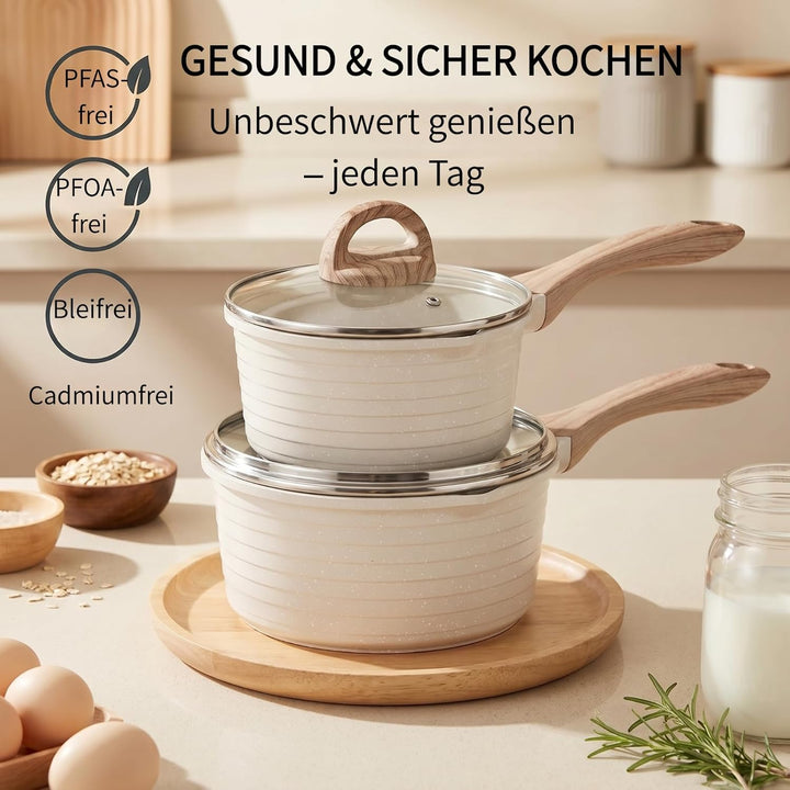 JEETEE Kochtopf 20 cm, 2.4L Kochtöpfe mit Deckel, Milchtopf Mit Hitzebeständigem Griff und Ausguss,