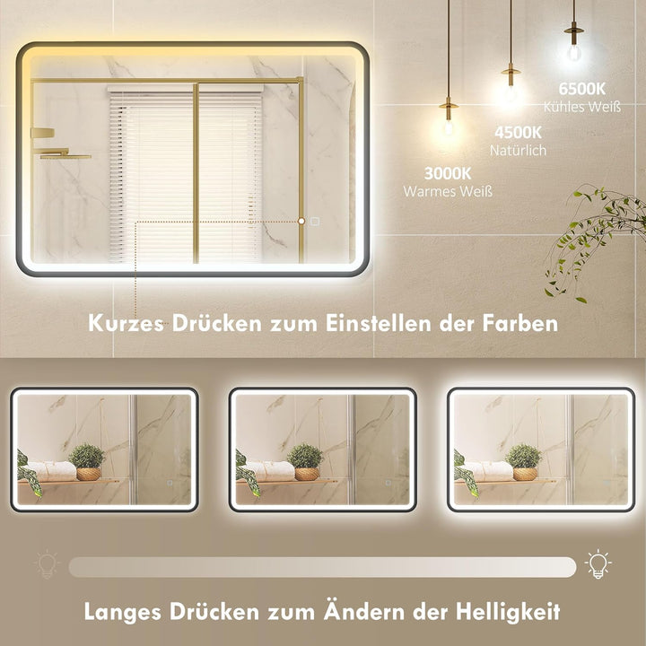 HOMCOM Badspiegel mit Beleuchtung 90x60 cm LED Spiegel mit 3 Lichtfarben Dimmbar, Hintergrundbeleuch