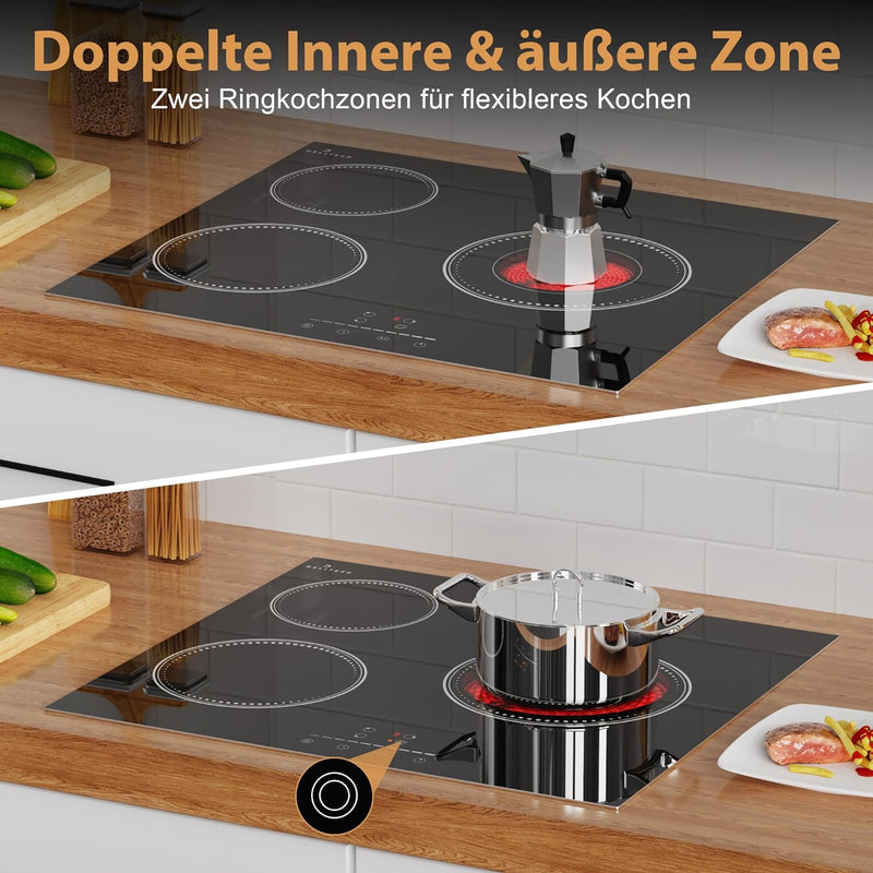 Glaskeramikkochfeld 3 Platten, DELITEER Kochfeld mit Rahmen, 60cm Einbau, 5200W, Slider-Touch-Steuer