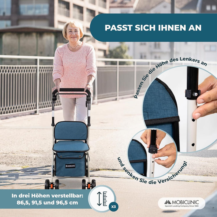 Mobiclinic®, Einkaufswagen mit Sitz, Faltbarer Rollator für Erwachsene, 21 L, Rückenlehne, 4 Räder,