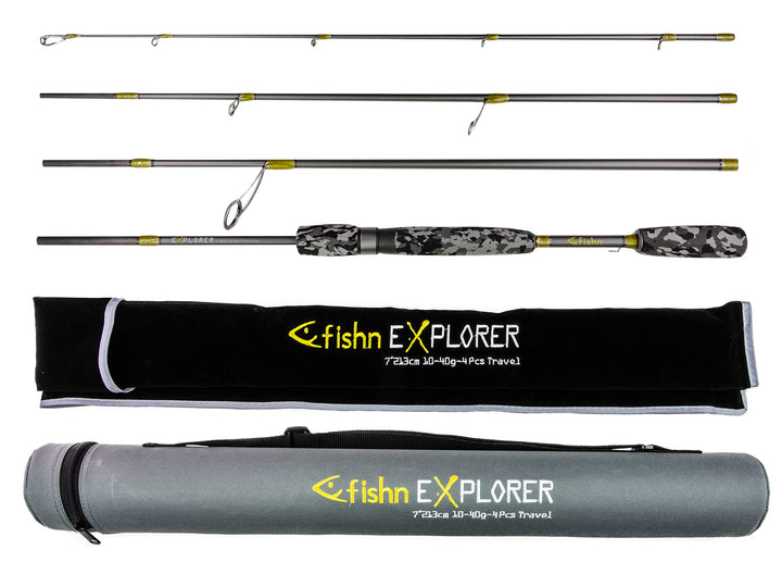 FISHN Reise Angelrute Explorer Reiserute - 213cm, 4-Teilig, Wurfgewicht 10-40gram mit Stabiler Trave