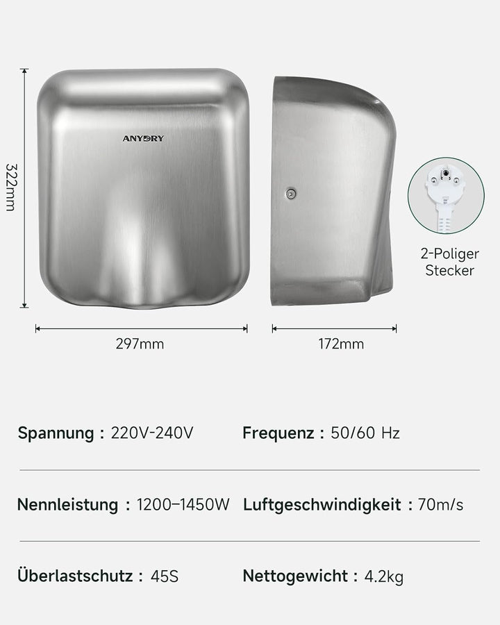 anydry IronStorm 2815 Gewerblicher Händetrockner mit HEPA-Filter - 1600W berührungsloser Sensor, 7-1