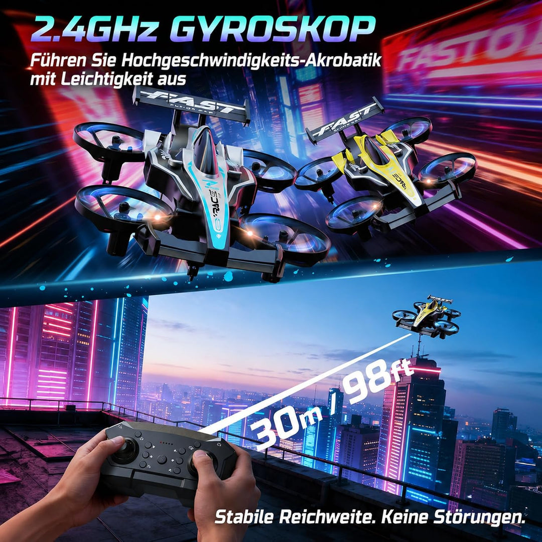 DEERC HT35 2-in-1 Drohne und RC-Auto für Kinder, ideal für Anfänger, Gelb | 3 Geschwindigkeitsstufen