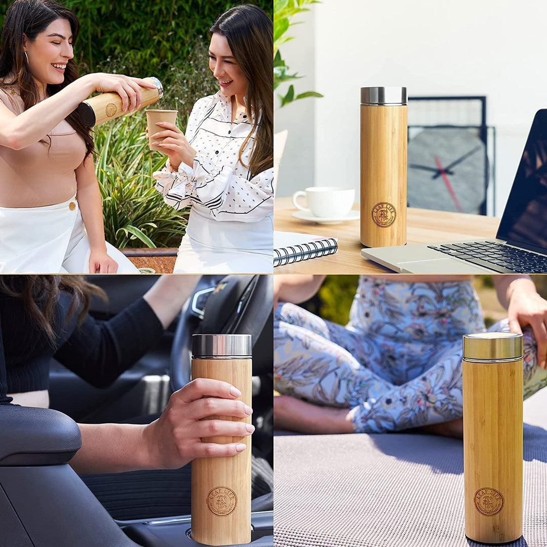 LeafLife Teeflasche mit Sieb to Go - 500ml Tea infuser aus Bambus - Teeflasche to go für Teeblätter