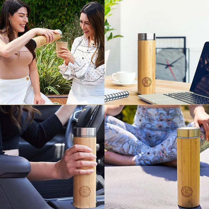LeafLife Teeflasche mit Sieb to Go - 500ml Tea infuser aus Bambus - Teeflasche to go für Teeblätter