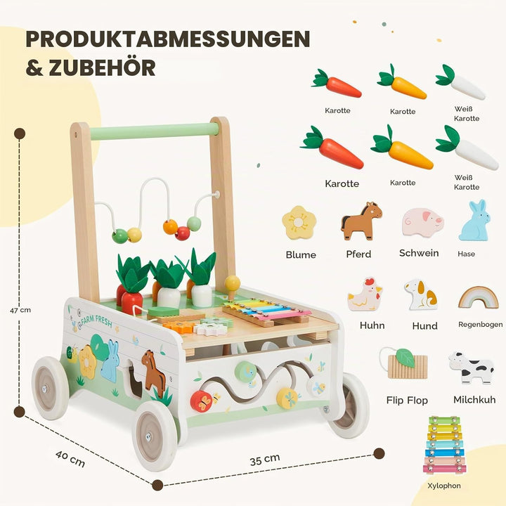 Labebe Lauflernwagen Holz,Baby Lauflernhilfe mit gummierten Holzrädern und Activity Center, Gehfrei