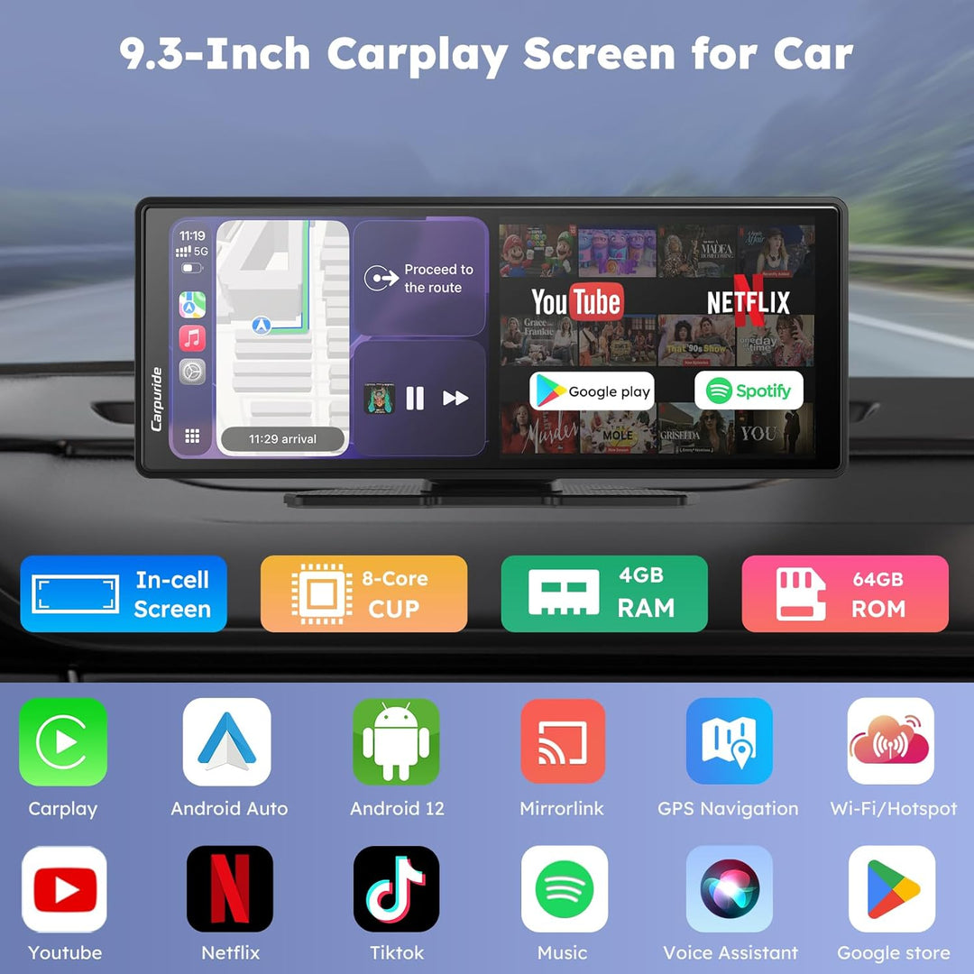 CARPURIDE W903Plus 9.3" CarPlay Display 4+64GB Android Auto | für G00gle Play, Online- und Offline-G