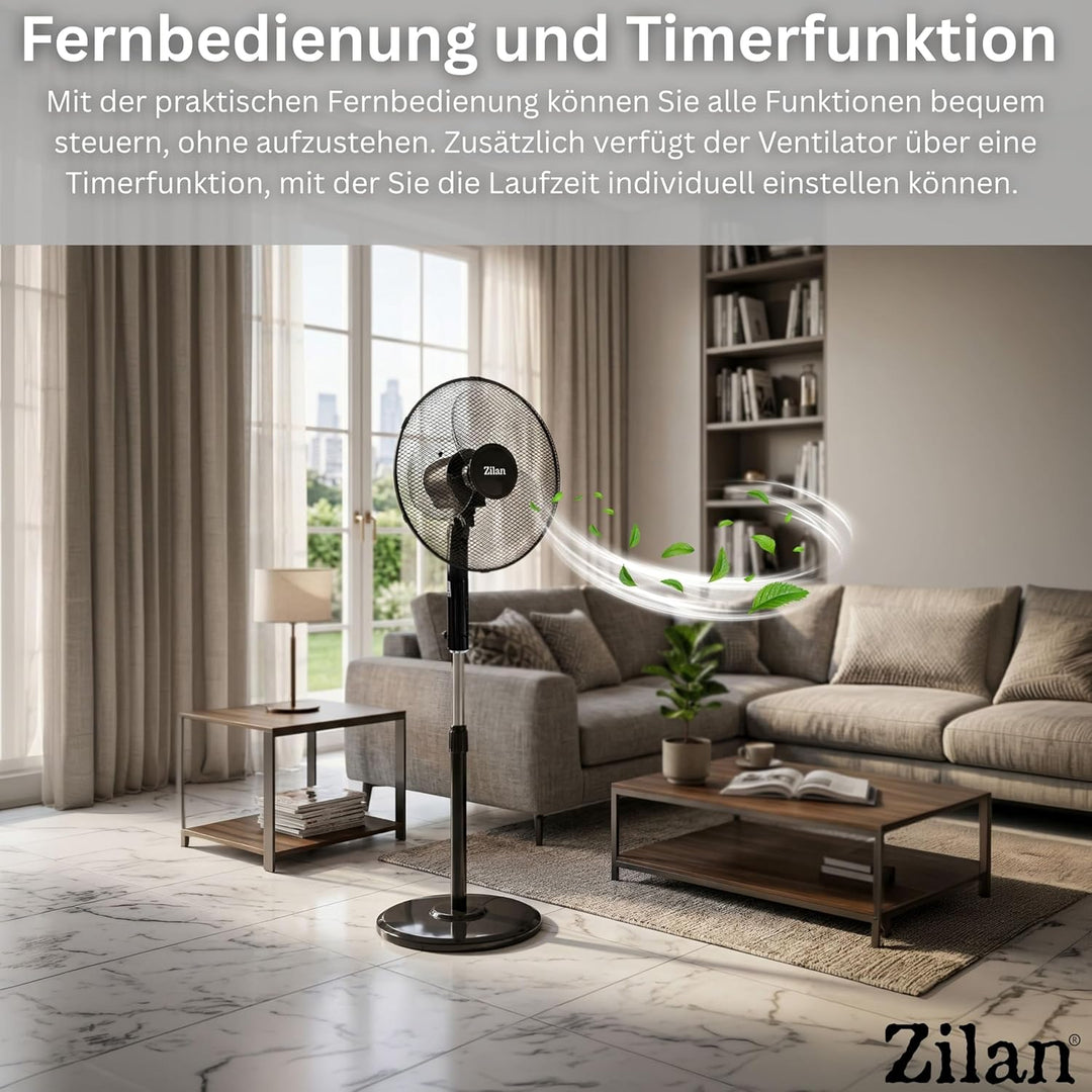 Zilan Standventilator Ø43cm leise mit Fernbedienung & Timer – 48W Leistungsstarker Ventilator energi