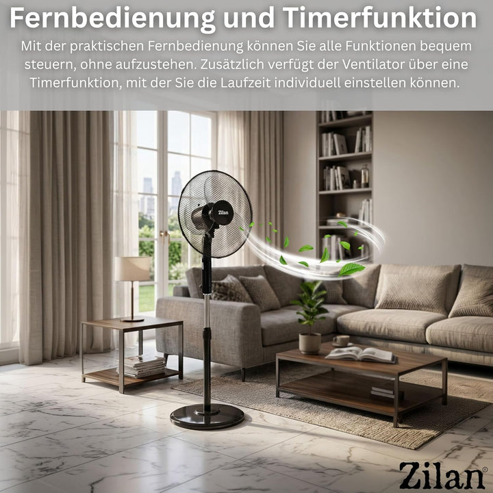 Zilan Standventilator Ø43cm leise mit Fernbedienung & Timer – 48W Leistungsstarker Ventilator energi