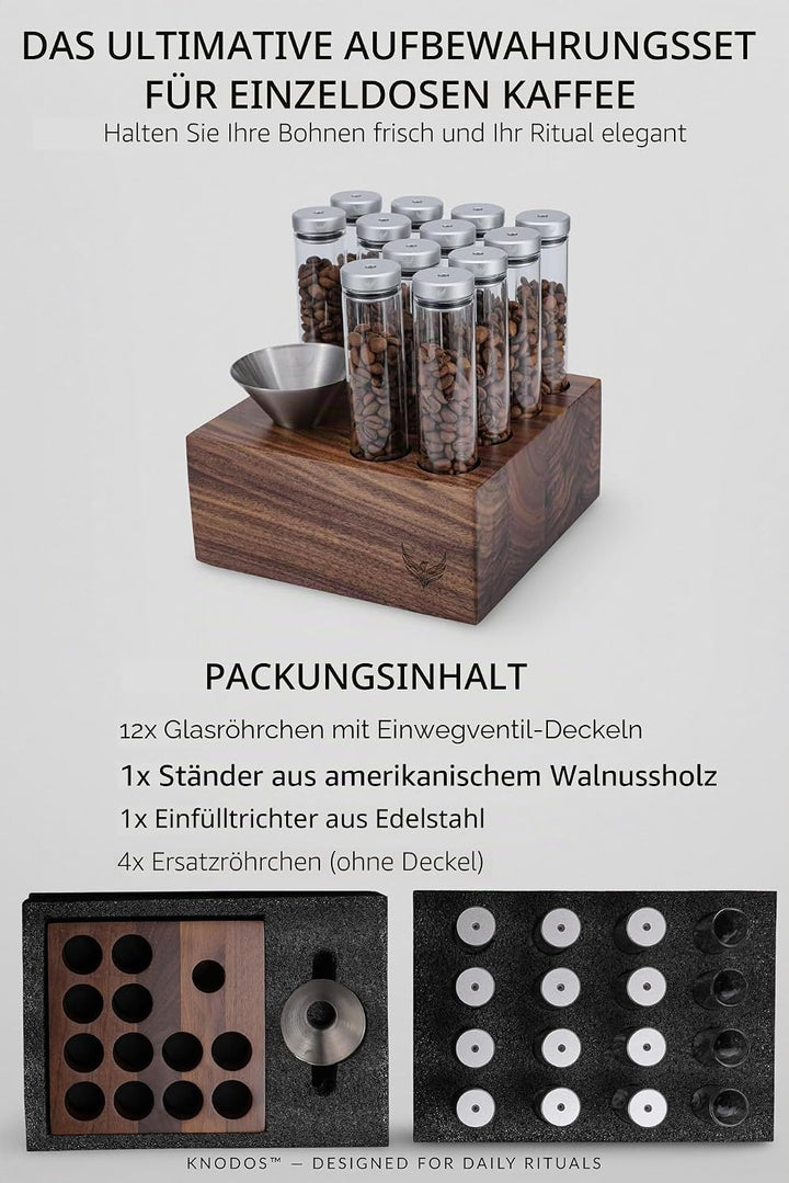 Kaffee Röhrchen Set – 12 Glasröhrchen mit Einweg-Entlüftungsventil, Walnussständer & Edelstahl-Trich