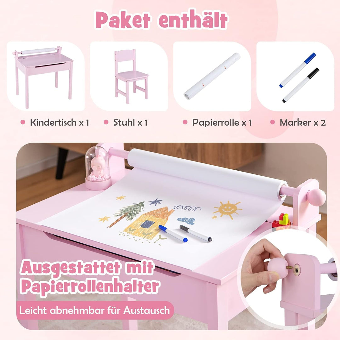 DREAMADE Schreibtisch Kinder mit Stuhl, Schülerschreibtisch aus Holz, Jugendschreibtisch, Kindertisc