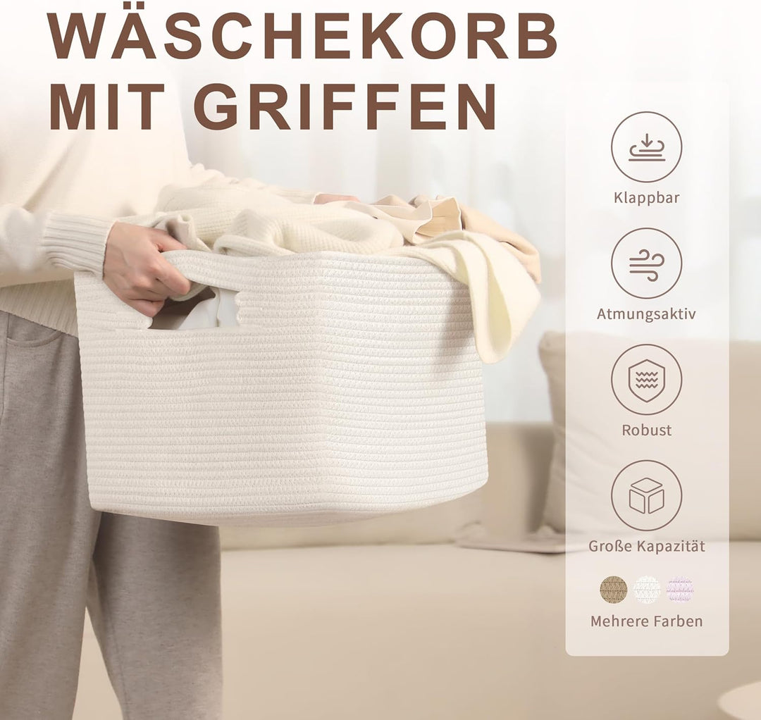 Kleiner 45L Aufbewahrungskorb aus Baumwollseil, Boho Korb für Spielzeug Decken, Wäschekorb Geflochte