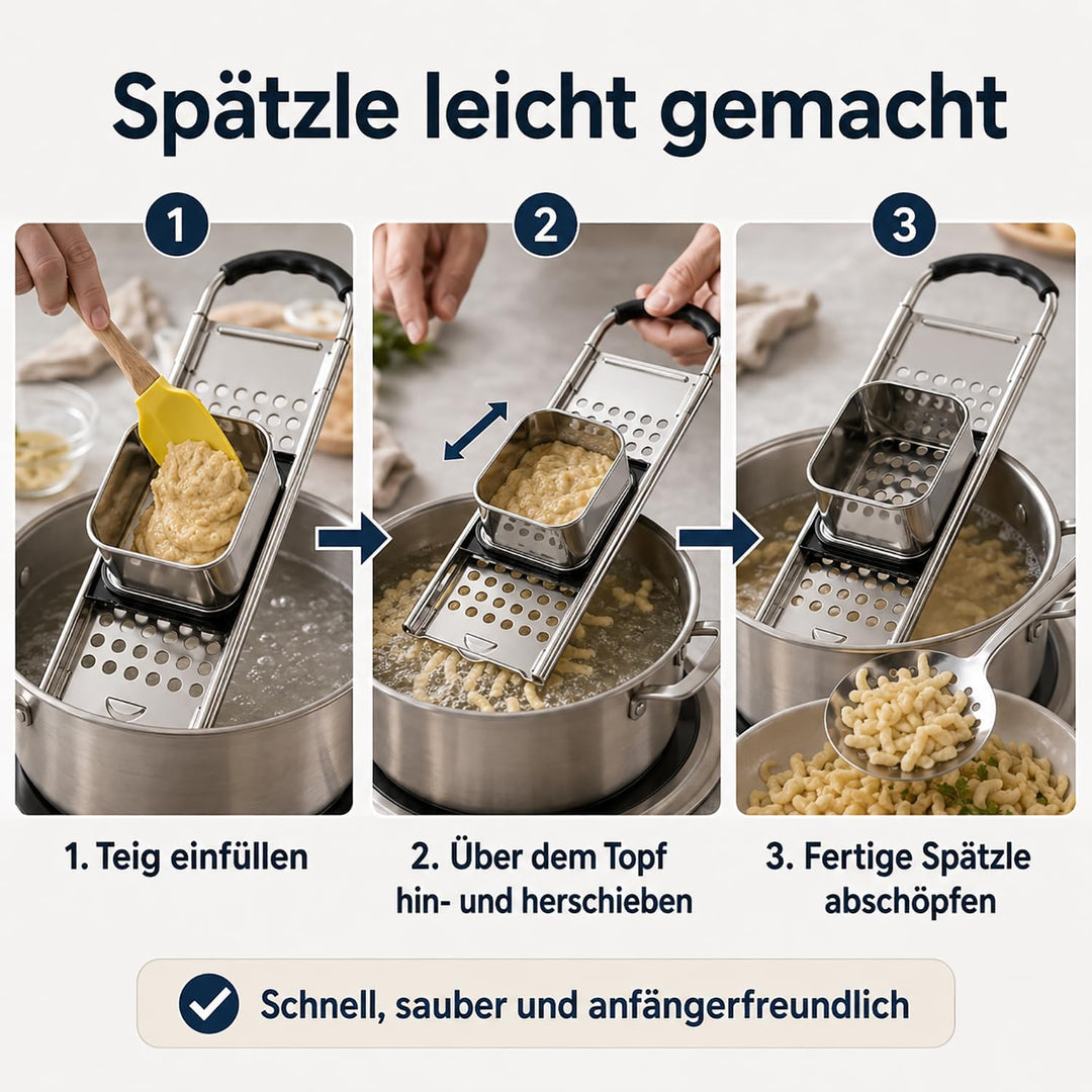 Edelstahl Spätzlehobel, Spätzlepresse mit Gummigriff, Spätzle Reibe, Spätzlehobel mit Teigschlitten,