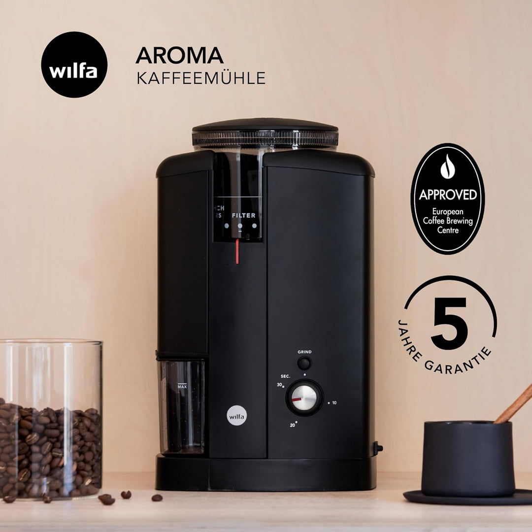 Wilfa SVART AROMA Kaffeemühle - 32 Mahlgradeinstellungen - Kegelmahlwerk - 250g Bohnenbehälter - mit
