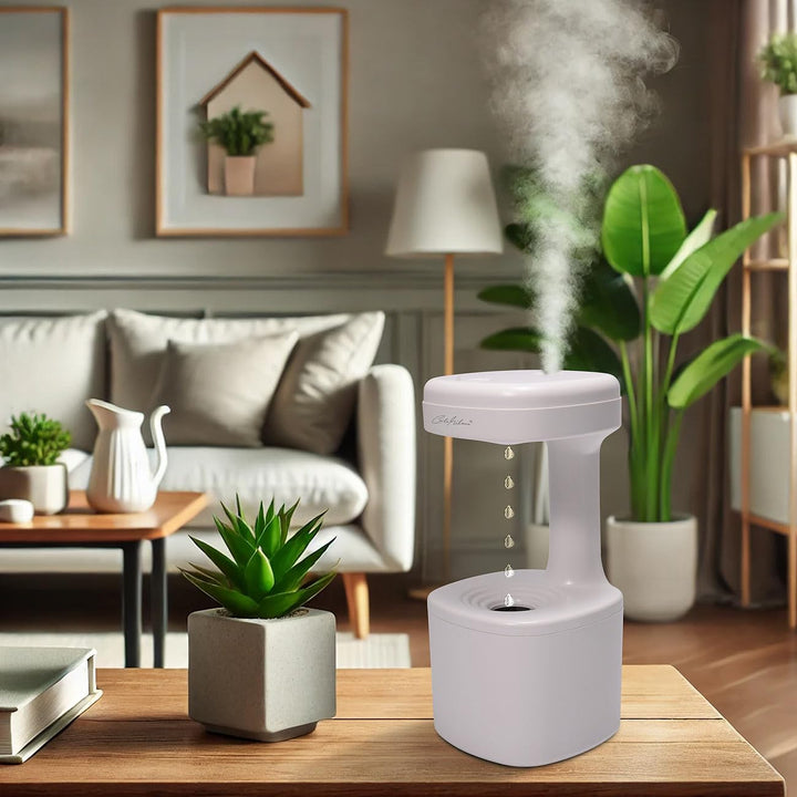 Carlo Milano Zimmerbrunnen: Antigravity-LED-Luftbefeuchter, USB-C, 500 ml Wassertank (Wassertropfen-