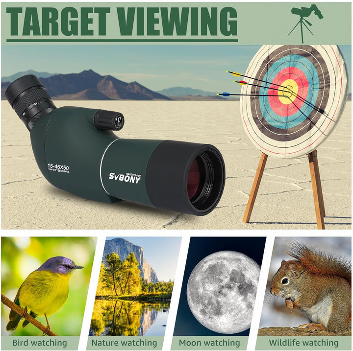 Svbony SV28Plus Spektive mit Stativ, 15–45x50mm mit Telefonadapter, BAK4 A5 Weinrote FMC, IP65 Wasse