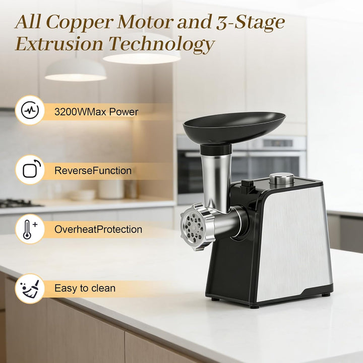 Fleischwolf Elektrisch 3-in-1, Fleischwolf 3200W mit 3 Edelstahl-Spiralen und Wurstfüller, Reibe Ele