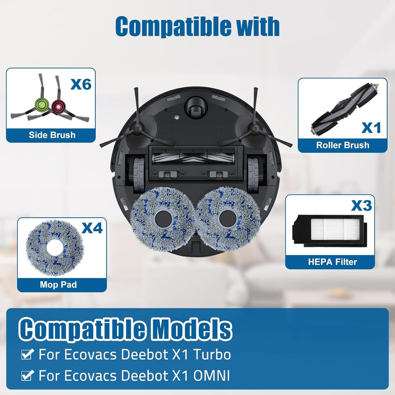 Ersatz-Zubehör-Set für Ecovacs Deebot X1 Turbo/Omni-Roboter-Staubsaugerteile, 1 Hauptbürste, 6 Seite