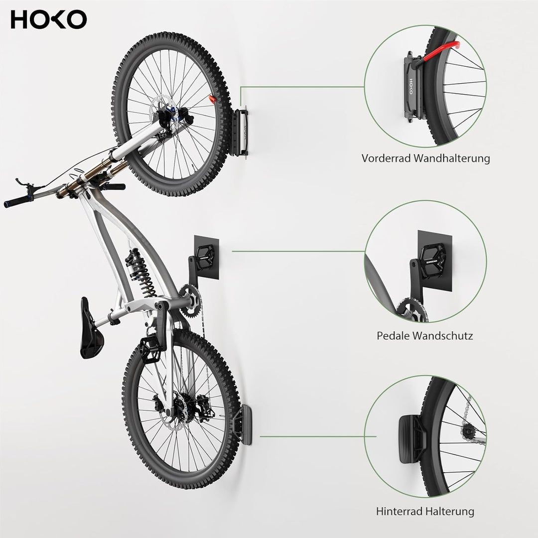 HOKO-VELO 30 2er set Fahrradhalterung Wandmontage mit Hinterrad Halterung – Seitlich schwenkbar, pla