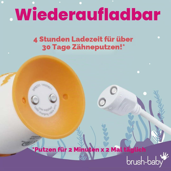 Brush-Baby WildOnes Kinder Elektrische Wiederaufladbare Zahnbürste, 1 Griff, 3 Bürstenköpfe, USB-Lad