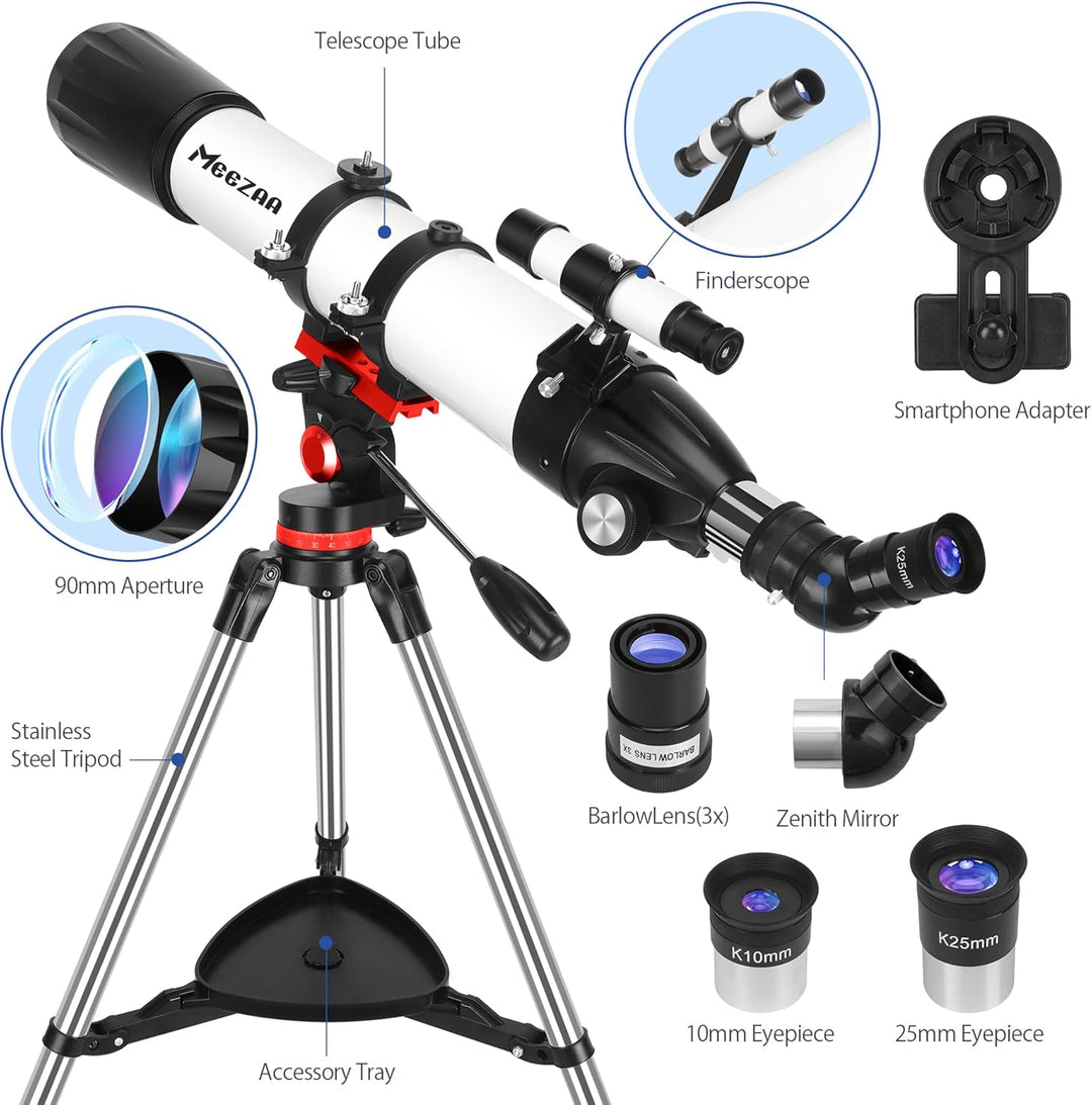 MEEZAA Teleskop, Teleskop Astronomie Erwachsene Profi, 90mm Blende 800mm AZ Mount Astronomisches Ref