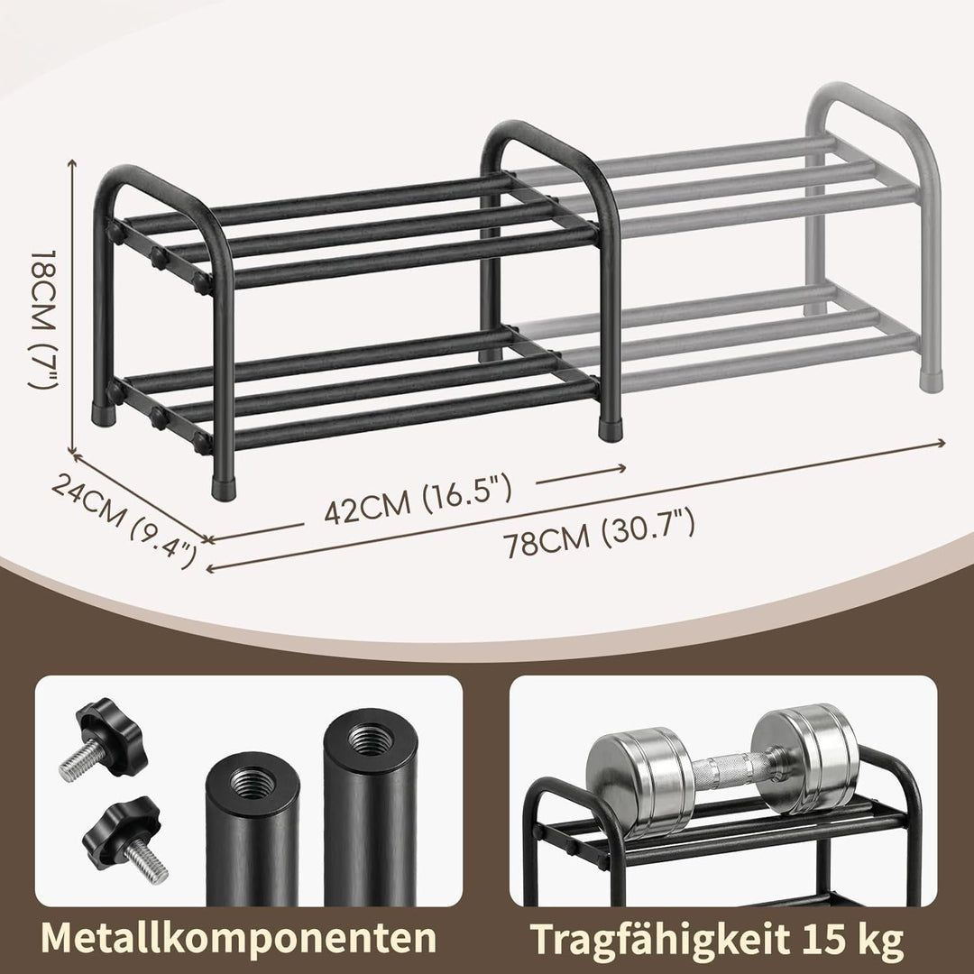 Schuhregal schmal klein ausziehbar 2 Ebenen, Schuhschrank schwarz Metall, Breite 43-78 cm, für Kleid