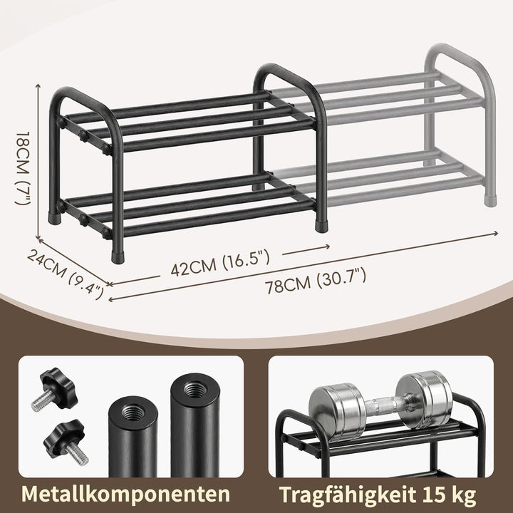 Schuhregal schmal klein ausziehbar 2 Ebenen, Schuhschrank schwarz Metall, Breite 43-78 cm, für Kleid