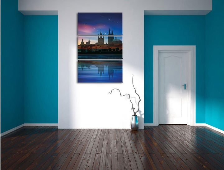 Pixxprint Polarlichter Skyline Köln / 3-Teilig/Gesamtmass 120cm Leinwandbild bespannt auf Holzrahmen