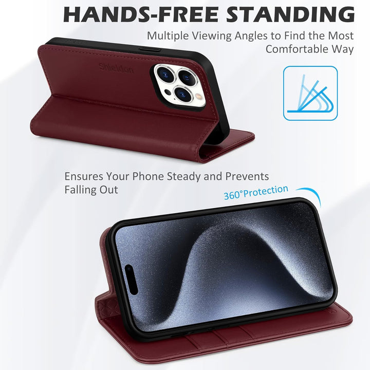 SHIELDON Hülle für iPhone 15 Pro Max, Handyhülle [Kartenfächer] [Echtes Rindsleder] [Standfunktion]