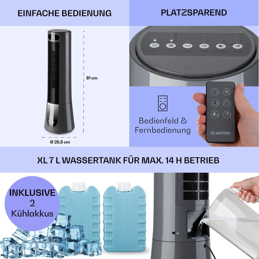 Klarstein Luftkühler, 5-in-1 Raumkühler, Luftbefeuchter, Luftreiniger, Ventilator & Nachtmodus, Klim