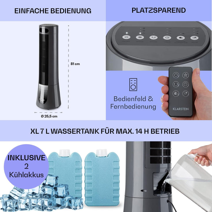 Klarstein Luftkühler, 5-in-1 Raumkühler, Luftbefeuchter, Luftreiniger, Ventilator & Nachtmodus, Klim