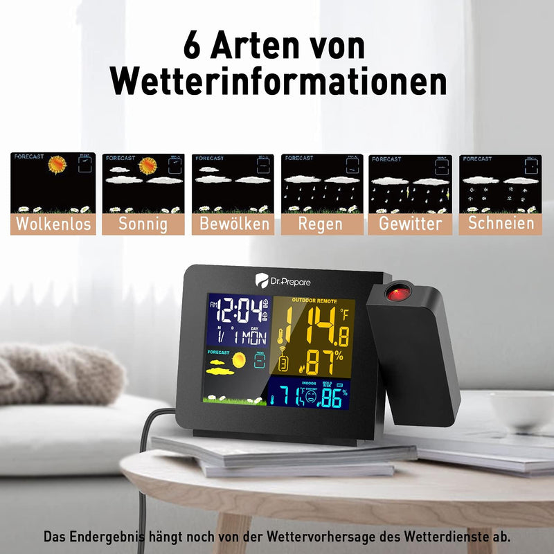 DR.PREPARE Projektionswecker Digitaler Wecker mit Projektion Wecker Wetterstation mit Aussensensor z