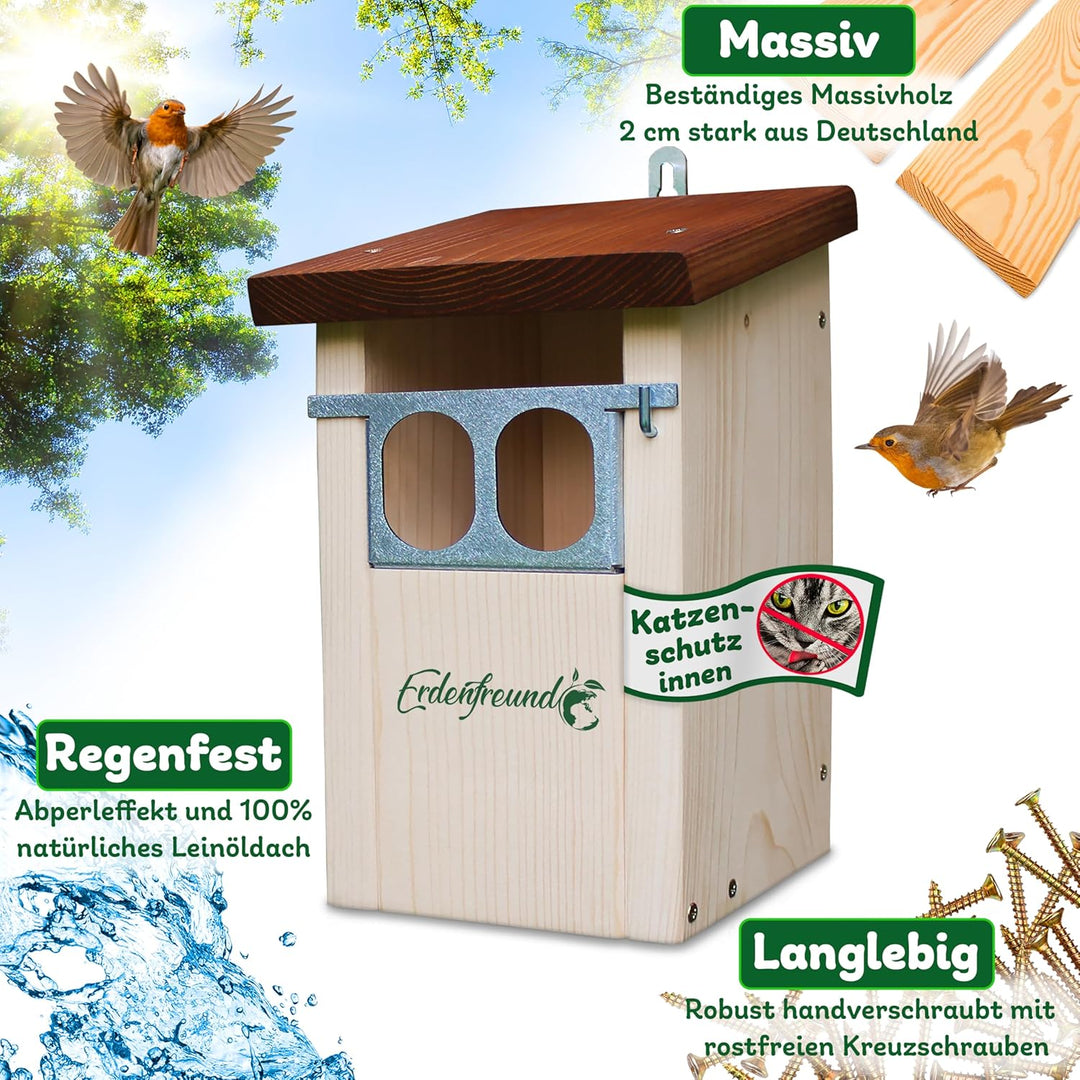 ERDENFREUND® Nistkasten Rotkehlchen mit Marder-/Katzenschutz räubersicher Nistkasten für Vögel Rotsc